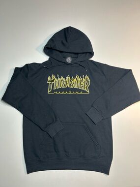 Thrasher Magazine Flame Logo Pullover Hoodie Black Yellow Skate Streetwear